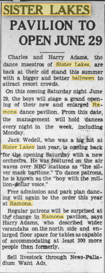 Ramona Ballroom/Dance Pavilion at Sister Lakes - 27 Jun 1935 Article